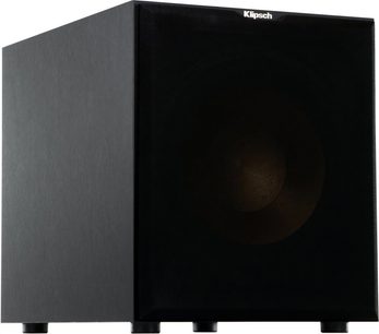 Subwoofer Klipsch R-12SW nero vista a tre quarti con griglia frontale nera e altoparlante ramato