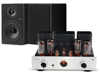 Black and silver Cayin tube amplifier with black Elipson bookshelf speakers in the background
