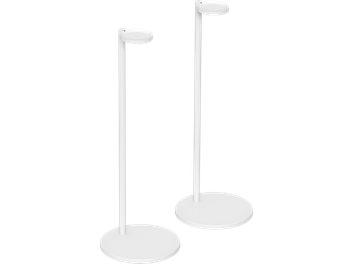 Pied d'enceinte pour sonos Era 100 blanc, vue de face, 2 supports cylindriques verticaux avec bases circulaires et plateaux ronds