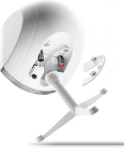 Compact Focal Bird white speaker, front perspective view, with visible speakers and red button on the side