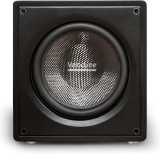 Velodyne VI-Q 10 subwoofer i sort, set forfra med cirkulær højttaler og tekstureret metalmembran