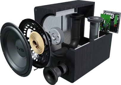 Subwoofer SVS PB-1000 PRO černý jasan, rozložený pohled na vnitřní komponenty a přední stranu