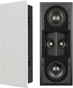 Boxa încastrabilă în perete Sonance R1SUR, vedere frontală deschisă, cu 3 difuzoare rotunde negre într-o carcasă metalică rectangulară gri