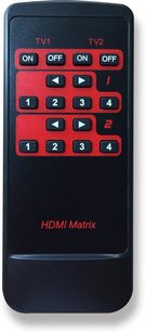 Sort HDMI Matrix-fjernbetjening med 8 nummererede røde og sorte knapper og 2 røde ON/OFF-knapper, set forfra
