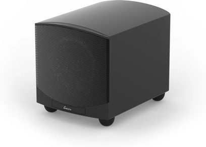 Subwoofer GoldenEar Forcefield 30 nero satinato, cubico, compatto, griglia nera forata, logo bianco