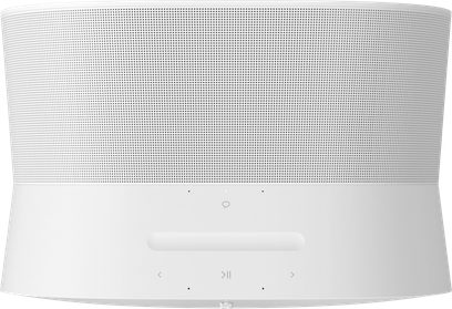 Bezdrátová chytrá reproduktorová skříň Sonos Era 300 v matné bílé barvě, pohled zepředu, bílá akustická mřížka, dotyková tlačítka na horní straně