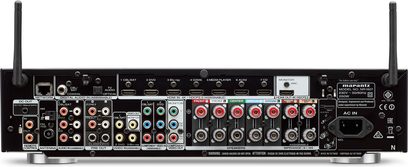 Marantz NR1607 sort hjemmebiografsforstærker, bagside, audio/video-tilslutninger, Wi-Fi-antenner, strøm- og Ethernet-stik