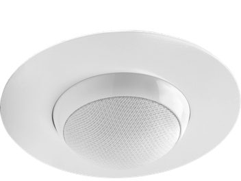 Adapter do montażu w suficie dla Alcyone 2 Cabasse w kolorze białym, zbliżenie z przodu, okrągły głośnik wpuszczany z perforowaną maskownicą