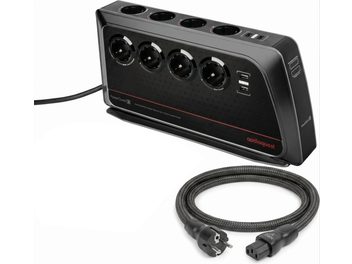 AudioQuest PowerQuest 3 juoda maitinimo juosta su 8 lizdais ir pintu NRG-Y3 kabeliu, vaizdas trimis ketvirčiais