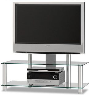 Tv-møbel i glas og aluminium med hylder til fladskærm og audio-/videoenheder fra mærket Just By Spectral, model JR110-AL