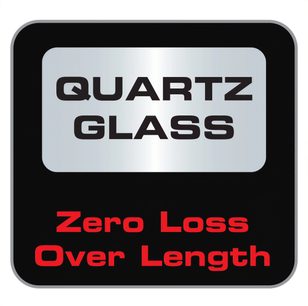 Audioquest Root Beer 18Gbps 10m HDMI-kabel, frontvisning, hvit tekst på svart bakgrunn "QUARTZ GLASS Zero Loss Over Length"