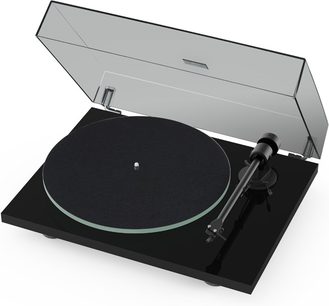 Tocadiscos hi-fi Pro-Ject T1 EVO Phono negro lacado con tapa transparente abierta, plato circular y brazo de lectura