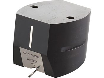 Cellule phono ClearAudio Artist V2 noir mat, face avant métal argenté, vue de trois quarts avec pointe