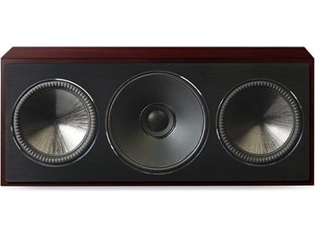 Paradigm Founder 70LCR center speaker in dark cherry, front view, 3 circular black speakers on rectangular dark wood front baffle