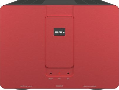 Ενισχυτής ισχύος υψηλής πιστότητας SPL Performer M1000 κόκκινος με ορθογώνια πρόσοψη, κεντρικό λογότυπο και 3 ενδείξεις στο κάτω μέρος