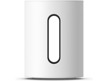 Subwoofer Sonos Sub Mini v bielom matnom prevedení, vertikálny valcový tvar, centrálny oválny čierny otvor