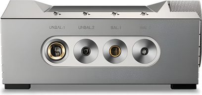 Przedwzmacniacz słuchawkowy Astell&Kern ACRO CA1000 w kolorze szarym, widok z przodu, 4 wyjścia na słuchawki, srebrne przyciski i pokrętło regulacji