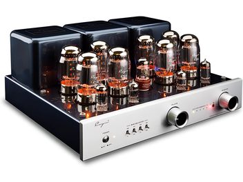Cayin CS-100A KT88 Stereo-Röhren-Vollverstärker in Silber, Dreiviertel-Frontansicht, silberne gebürstete Aluminium-Front mit zwei großen zylindrischen Drehknöpfen und mittigen Wahlschaltern, schwarzes Metallgehäuse mit drei schwarzen Transformatoren und zwölf leuchtenden Glasröhren auf der Oberseite