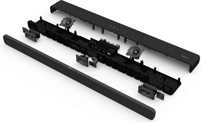 Sort soundbar med to cylindriske højttalere i enderne, adskilt i flere dele på linje