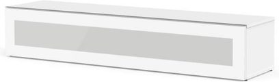 Meuble TV blanc laqué brillant rectangulaire bas et long avec niche centrale ouverte et étagère en verre, vue de face