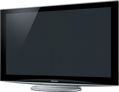 Panasonic TX-P42V10 42" tv sort skærm blank ramme sølvfarvet midterfod, set forfra på hvid baggrund