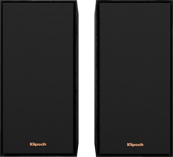 To sorte rektangulære Klipsch R-40PM højttalere set forfra, side om side på hvid baggrund