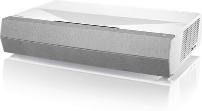 Optoma CinemaX P2 hvid videoprojektor, set forfra og oppefra, aflang rektangulær form, grå højttalergitter