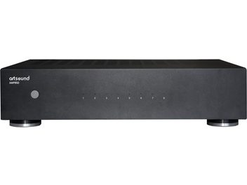 ArtSound AMP-850 multiroom eller multi-zone forstærker, set forfra, sort kabinet, 2 sølvfarvede cirkulære fødder, 1 rund knap til venstre, 8 nummererede indikatorer fra 1 til 8