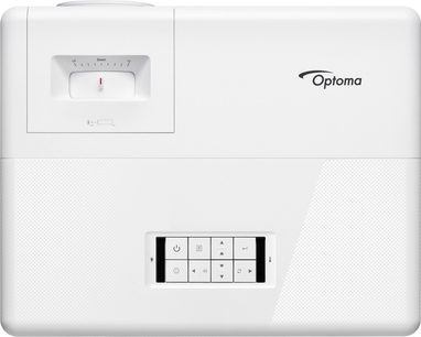Projetor Optoma UHZ45 branco, vista frontal, com zoom e foco motorizados, painel de controle com botões e logotipo