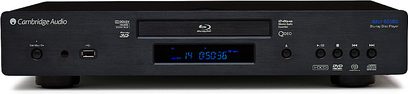 Cambridge Audio 651BD 4K Blu-ray-afspiller, sort, frontvisning, blåt display, frontpanel med knapper og diskskuffe