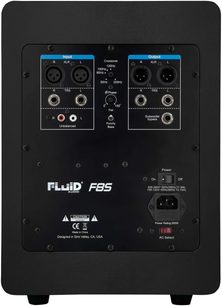 Diffusore amplificato da studio Fluid Audio F8S, vista frontale, pannello di controllo con ingressi/uscite e regolazioni