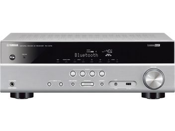 Yamaha RX-V479 titano namų kino stiprintuvas, priekinis skydelis su mėlynu ekranu, valdymo mygtukais ir rankenėlėmis, USB prievadas
