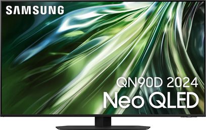 Televizor Samsung QN90D 2024 Neo QLED, plochý obdélníkový displej zobrazující zelené listy s namodralým nádechem