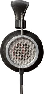 Atvērta tipa vadu Hi-Fi austiņas Grado HP100 SE ar melnu ādas galvas stīpu, apaļām austiņu spilventiņiem ar metāla režģi un melnu kabeli