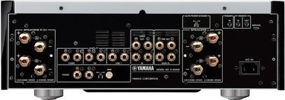 Yamaha A-S1200 black stereo hi-fi amplifier, front view, connectors and controls, 2 VU meters, rotary knobs