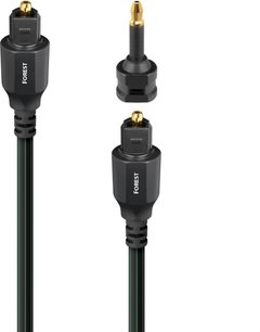 Optisk digitalkabel Audioquest Forest 12m, svart kabel med grønne striper i syntetisk materiale, Toslink-kontakter i svart plast med forgylte metallspisser, forfra sett