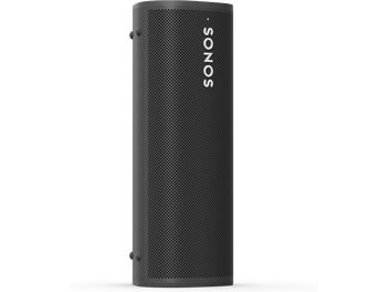 Sonos Roam højttaler i Shadow Black, cylindrisk form, sort farve, perforeret gitter over det meste af overfladen, hvidt "SONOS" logo