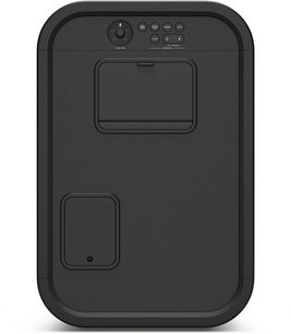 Bærbar svart Sony ULT TOWER 5 Bluetooth-høyttaler, bakfra med toppkontroller og integrerte luker