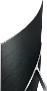 Samsung UE65KS9000 TV set fra siden, buet sort skærm, smal sølvfarvet ramme, V-formet fod