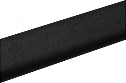 Samsung HW-S60A/ZF sort soundbar, tæt forfra på den centrale del, overflade med netmateriale