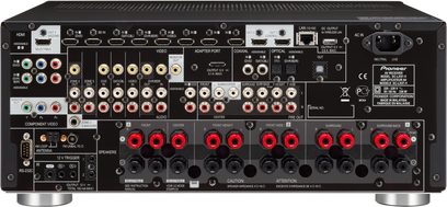 Pioneer SC-LX57-K sort hjemmebiografsforstærker, frontpanel, frontvisning, mange lyd/video-stik, knapper og drejeknapper til justering