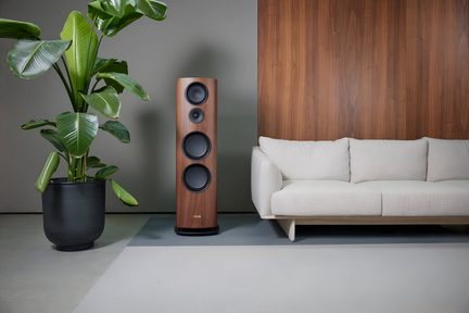 Riešutmedžio apdailos grindinė hi-fi kolonėlė su trimis juodais garsiakalbiais, stovinti tarp didelio žalio kambarinio augalo vazonėlyje ir modernesnės smėlio spalvos sofos