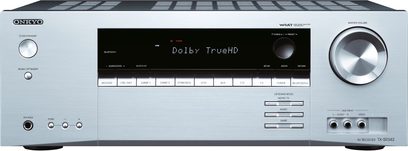 Onkyo TX-SR343 sidabrinės spalvos namų kino stiprintuvas, priekinis vaizdas, sidabrinė priekinė dalis su ekranu, valdymo mygtukais ir rankenėlėmis