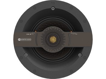 Monitor Audio C2S in-wall speaker, front view, gold center speaker, hexagonal grille, matte gray bezel