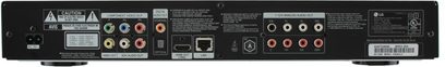 LG BD390 4K Blu-ray-afspiller, bagside, lyd/video-tilslutninger, USB- og Ethernet-porte, strømindgang