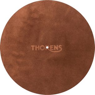 Copripiatto circolare in feltro di pelle marrone, vista dall'alto, logo Thorens centrato, foro centrale visibile