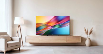 Televisor de ecrã plano sobre móvel de TV suspenso com acabamento em madeira clara, com padrões abstratos multicoloridos no ecrã