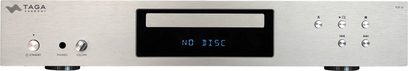 Odtwarzacz CD hi-fi Taga Harmony TCD-30 srebrny z prostokątnym panelem przednim, centralnym ekranem wyświetlającym "NO DISC", 6 przyciskami po prawej stronie, 3 pokrętłami po lewej stronie