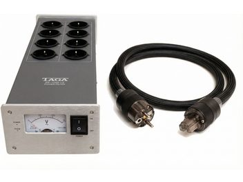 Taga Harmony PF-1000 V2 ezüst hálózati szűrős elosztó, 8 Schuko aljzattal és fekete, fonott tápkábellel