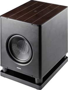Subwoofer Sonus Faber Gravis VI černý, s lesklým ořechovým vrchem a viditelným předním reproduktorem